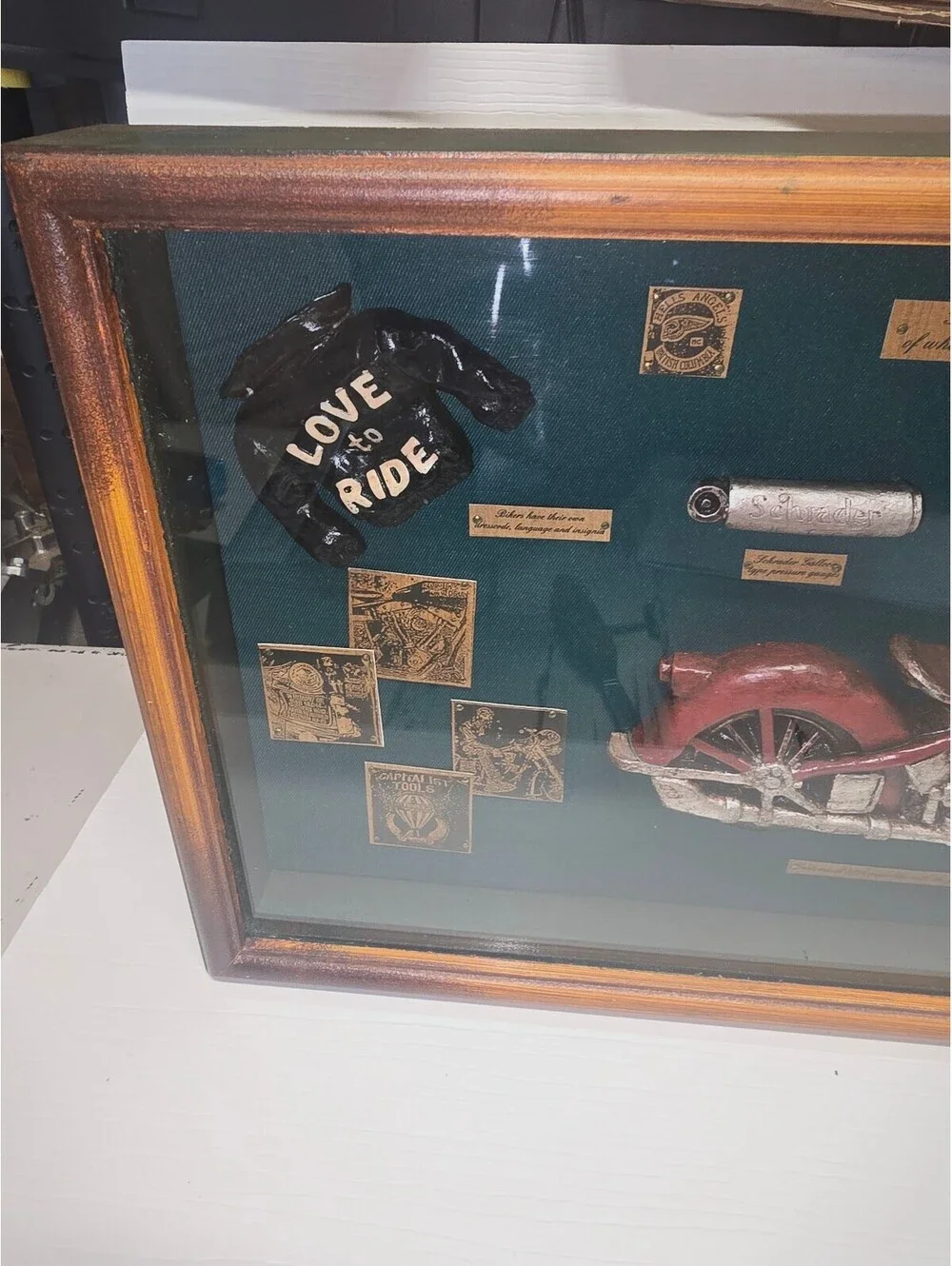 Vintage Biker Motorcycle Shadow Box 3D Wall Art Red American Flag Bike Goggles